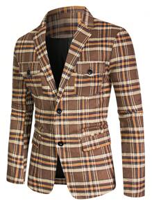 Manfinity Men Plaid Print Single Breasted Blazer - Coffee Brown - View 1