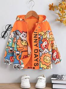 Young Boy Letter & Cartoon Graphic Hooded Coat - Orange - View 1