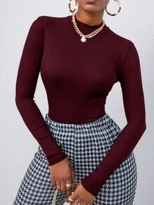 SHEIN Essnce Solid Mock Neck Ruched Side Tee - Burgundy - View 5