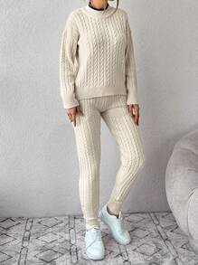 EURMUSE Cable Knit Drop Shoulder Sweater & Drawstring Waist Knit Pants - Beige - View 4