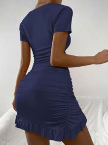 Allurite Cổ Lao Tie Trước Viền Ruffle Bao bên Váy bodycon - Màu xanh hải quân - Xem 2