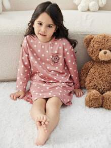 SHEIN 女小童波卡圓點&卡通圖案睡衣套裝 - 粉色 - 查看 1