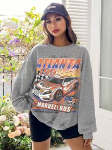SHEIN EZwear Europe And America Style Loose Fit Round Neck Women's Sweatshirt With Racing Print - Light Grey - View 8