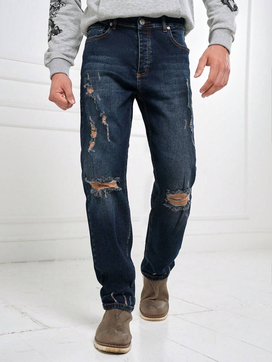 SHEIN Cottnline Men Ripped Straight Leg Jeans - Dark Wash - View 1