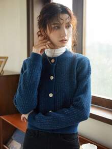 Knit Mix 女士開襟衫 - 藍色 - 查看 3