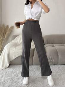 EURMUSE Solid Slant Pocket Straight Leg Pants - Grey - View 3