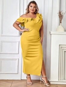 Hơn Một bờ vai Viền Ruffle Xù Tách đùi Đầm - Màu vàng - Xem 4