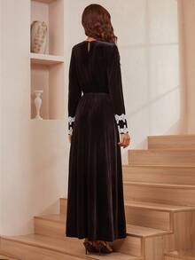 Contrast Lace Collar Velvet Dress - Black - View 2