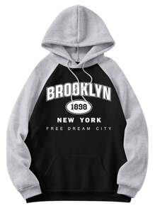 Men Letter Graphic Raglan Sleeve Drawstring Hoodie - Black - View 1