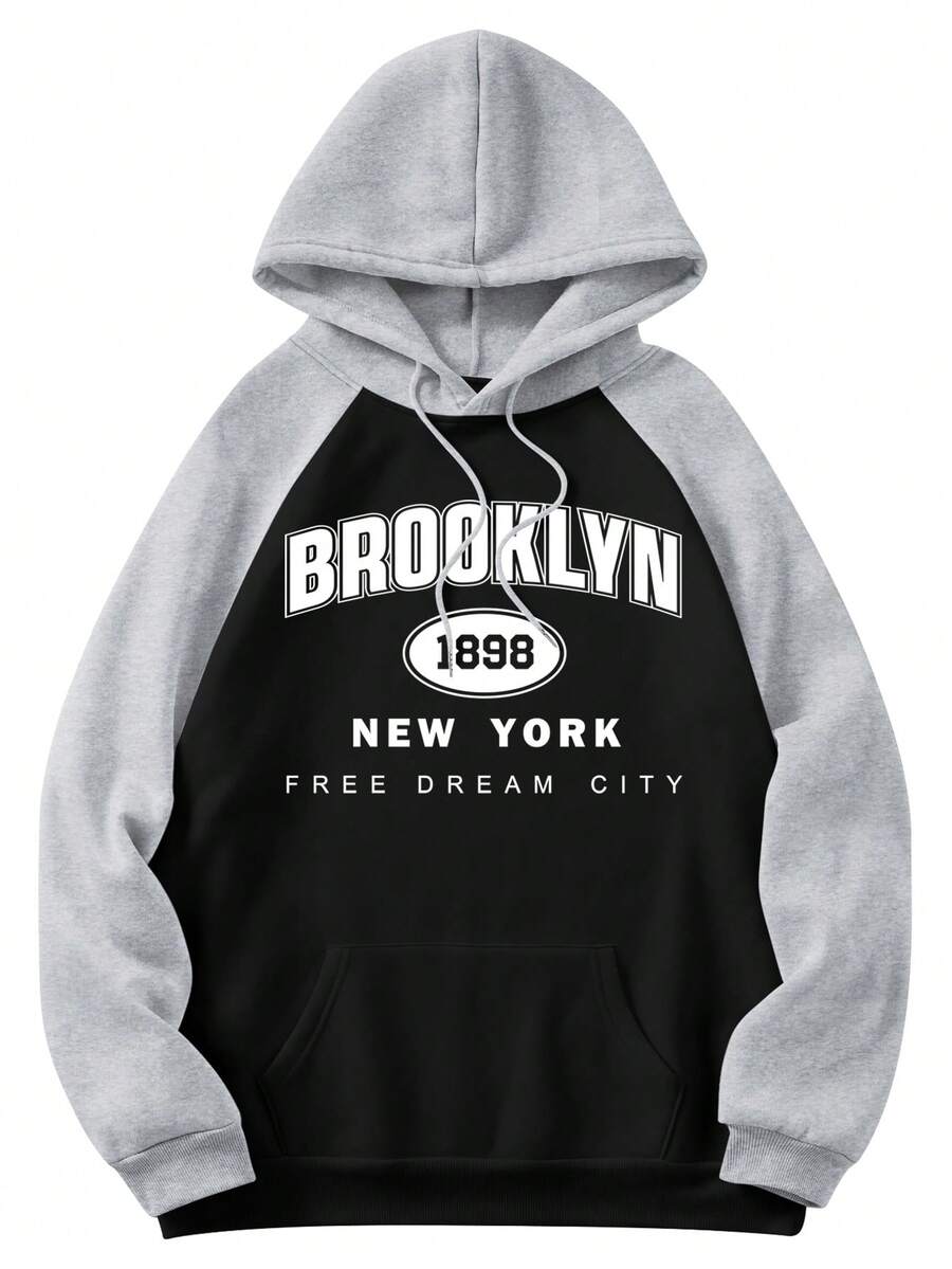 Men Letter Graphic Raglan Sleeve Drawstring Hoodie - Black - View 1