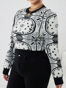 SHEIN Unity Plus Graphic Pattern Contrast Trim Sweater Knit Pullover Fall Winter Sweater - Black - View 4