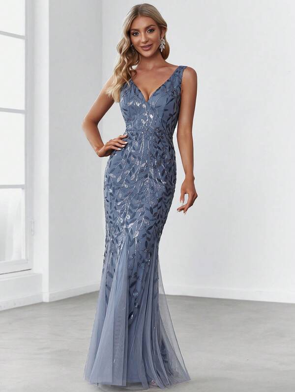 EVERPRETTY Fall Elegant Sequins Embroidered V-Neck Fishtail Sparkly Floral Sequin Prom Dusty Blue Evening Dress Dinner Party Dress Wedding Guest Dress Formal Dress,Gown