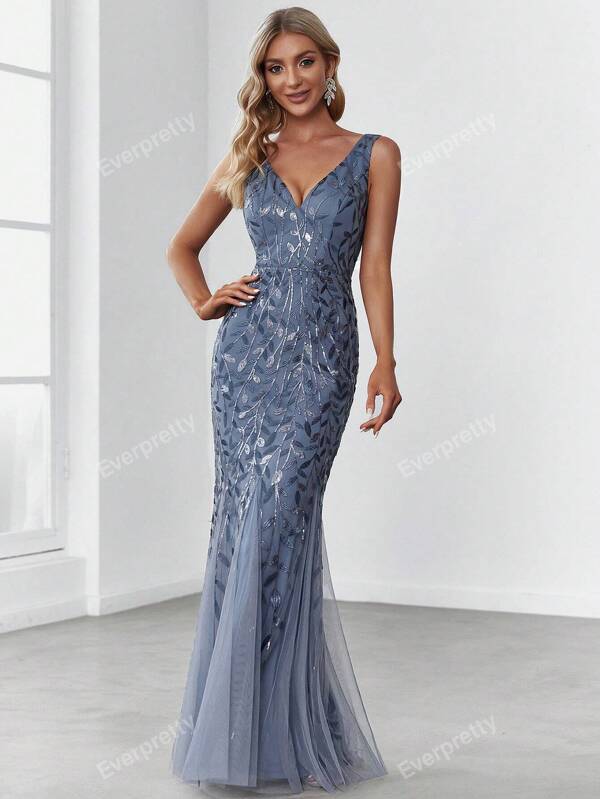 EVER-PRETTY Elegant Sequins Embroidered V-Neck Fishtail Sparkly Floral Sequin Prom Evening Dress Dinner Party Dress Wedding Guest Dress Formal Dress,Gown