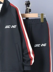 SHEIN 2pcs Tween Boys' Casual Printed Pattern Spliced Ribbed Collar Zip-Up Jacket And Side Seam Ribbed Sweatpants Set, Fleece, Thickened - Black - View 4