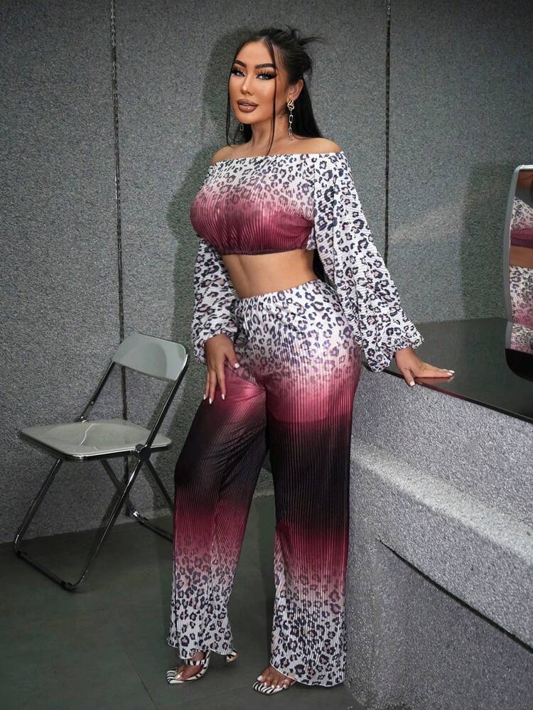 Leopard Print Asymmetrical Neck Crop Top & Pants