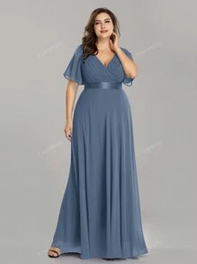 EVER-PRETTY Vestido de dama de honor elegante con cuello en V y plisado para tallas grandes