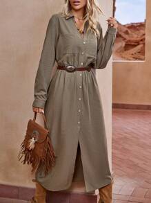 SHEIN LUNE Button Front Shirt Dress Without Belt - Army Green - View 6