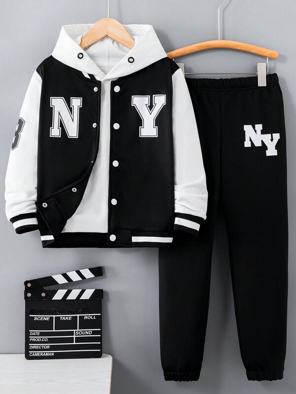 SHEIN Tween Boy Letter Graphic Two Tone Hooded Jacket & Sweatpants Without Tee