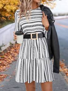 SHEIN LUNE Geo Print Ruffle Hem Smock Dress Without Belt - Black and White - View 1