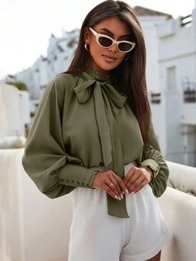 Tie Front Frill Trim Lantern Sleeve Blouse - Green - View 5