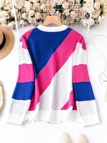 SHEIN LUNE Áo len cổ tròn phối màu dáng rộng, vai rớt, thích hợp cho mùa thu đông. - Nhiều màu - Xem 2