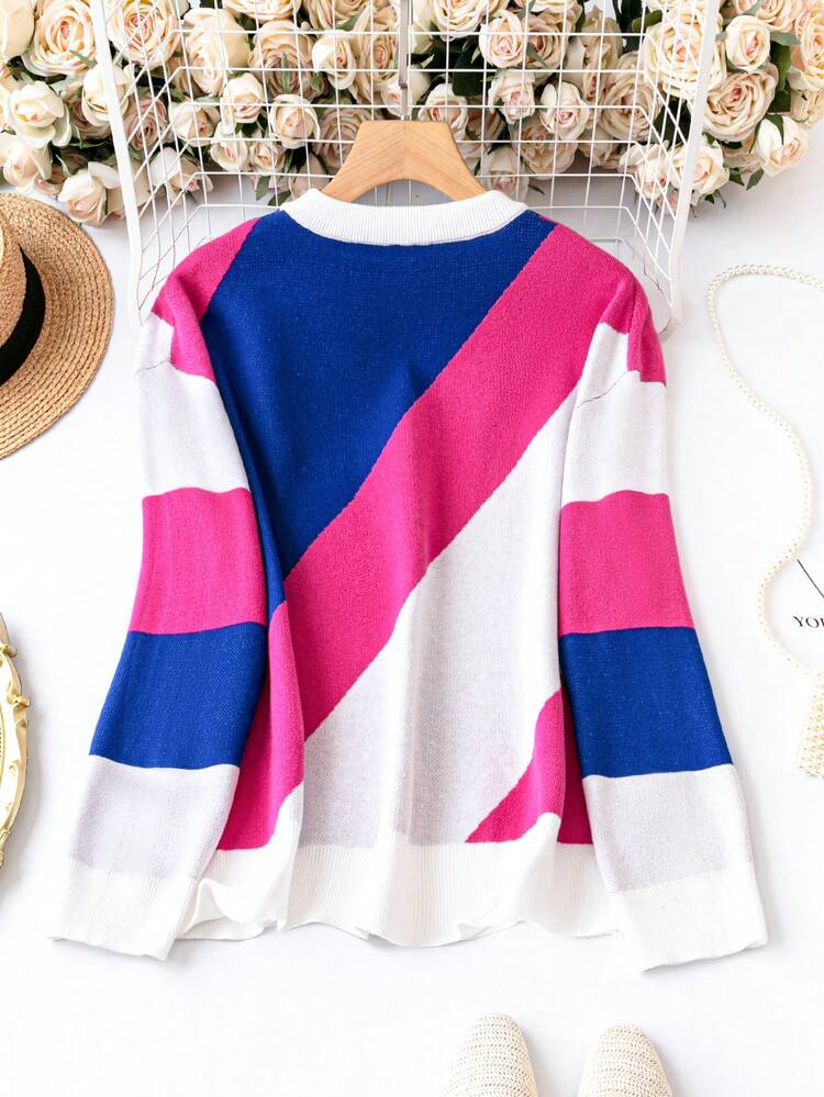 Plus Color Block Drop Shoulder Sweater Knit Pullover Fall Winter Sweater