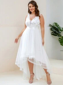 EVER-PRETTY Hochzeitskeid mit Große Größen Mesh Kontrast Pailletten Saum Asymmetrie Schnitt, weißes elegantes Brautkleid für Partys und Braut
