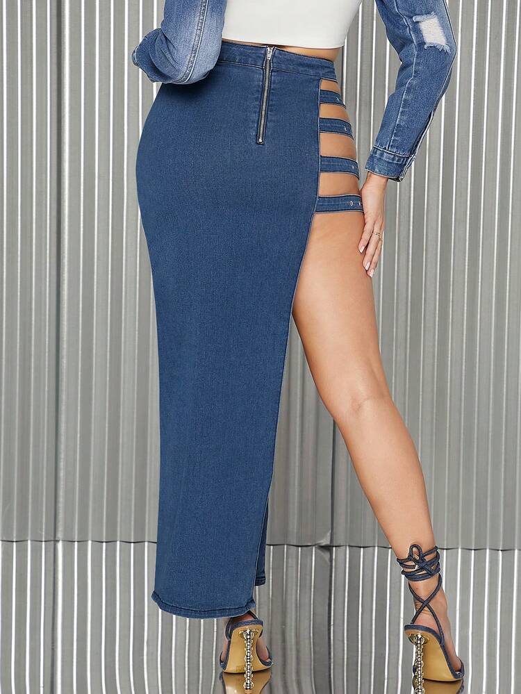 Buckle Detail Cut Out Sexy Denim Skirt
