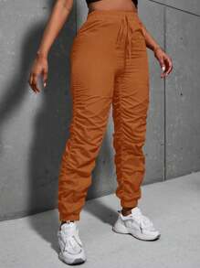 SHEIN Slayr Solid Drawstring Waist Ruched Pants - Burnt Orange - View 6