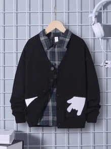 SHEIN Tween Boy Hands Pattern Drop Shoulder Cardigan Without Shirt - Black - View 2