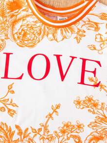 SHEIN 女嬰花卉和字母圖案條紋飾邊T恤和運動褲 - 橘色 - 查看 6