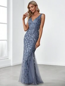 EVERPRETTY Đầm dạ hội mùa xuân thanh lịch, cổ chữ V, dáng đuôi cá, đính sequin lấp lánh, họa tiết hoa, màu xanh xám, thích hợp cho tiệc tối, dự tiệc cưới, tiệc trang trọng. - Màu xanh bụi bặm - Xem 4