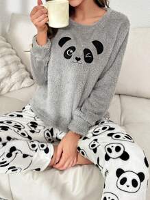 Conjunto de pijama panda con bordado de hombros caídos de franela - Blanco - Ver 4