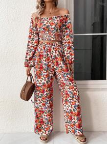 SHEIN VCAY Allover Floral Print Off Shoulder Crop Top & Wide Leg Pants - Multicolor - View 5