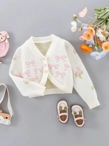 SHEIN Young Girl Bow Pattern Cardigan - Beige - View 3