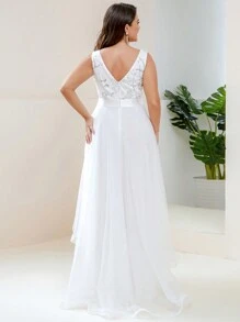 EVER-PRETTY Hochzeitskeid mit Große Größen Mesh Kontrast Pailletten Saum Asymmetrie Schnitt, weißes elegantes Brautkleid für Partys und Braut