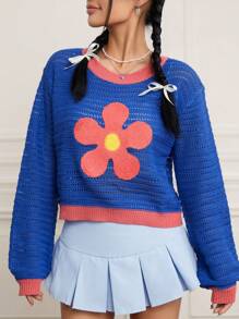 SHEIN EZwear Floral Pattern Contrast Trim Drop Shoulder Sweater - Blue - View 1