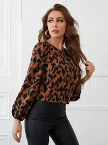 SHEIN Clasi 後鎖孔燈籠袖拼色上衣 - 彩色 - 查看 4