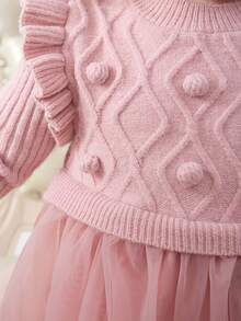 SHEIN 嬰兒休閒寬鬆長袖圓領套頭毛衣網紗連身裙 - 粉色 - 查看 4