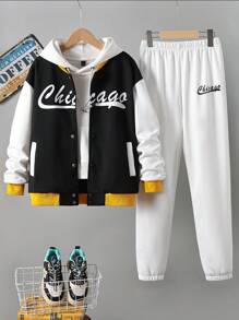 SHEIN Tween Boy Letter Graphic Two Tone Jacket & Sweatpants Without Hoodie - Multicolor - View 1