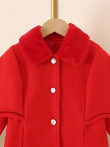 SHEIN Young Girl Borg Collar Overcoat - Red - View 4