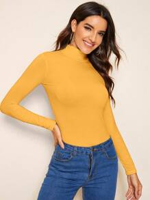 SHEIN Essnce Solid Mock Neck Slim Tee - Ginger - View 3