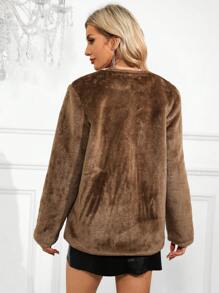 SHEIN Clasi Solid Belted Fuzzy Coat - Khaki - View 2