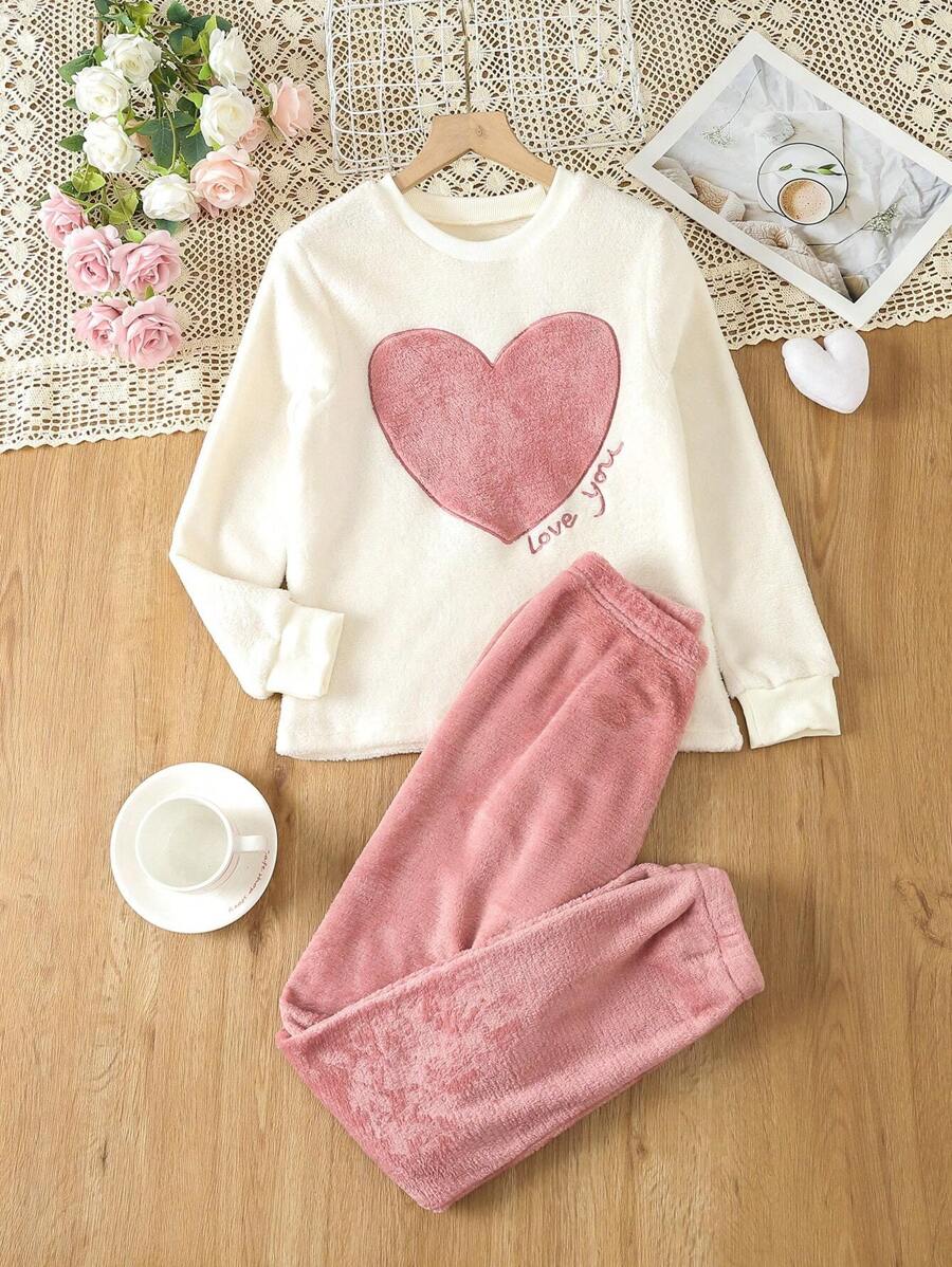 女大童心&字母刺繡法蘭絨套頭衫和褲子睡衣套裝 - 淺灰紫 - 查看 1