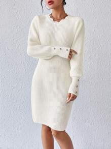 SHEIN Frenchy 紐扣細節條紋針織毛衣洋裝 - 米色 - 查看 4