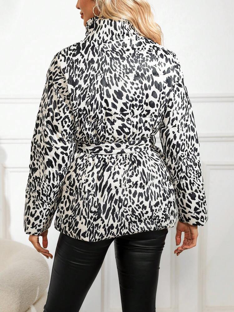 Leopard Print Belted Padded Coat