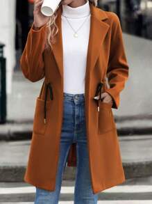 SHEIN LUNE Lapel Neck Drawstring Waist Dual Pocket Drop Shoulder Overcoat - Rust Brown - View 6