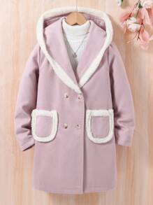 SHEIN Tween Girl 1pc Dual Pocket Double Breasted Fuzzy Trim Hooded Overcoat - Mauve Purple - View 1