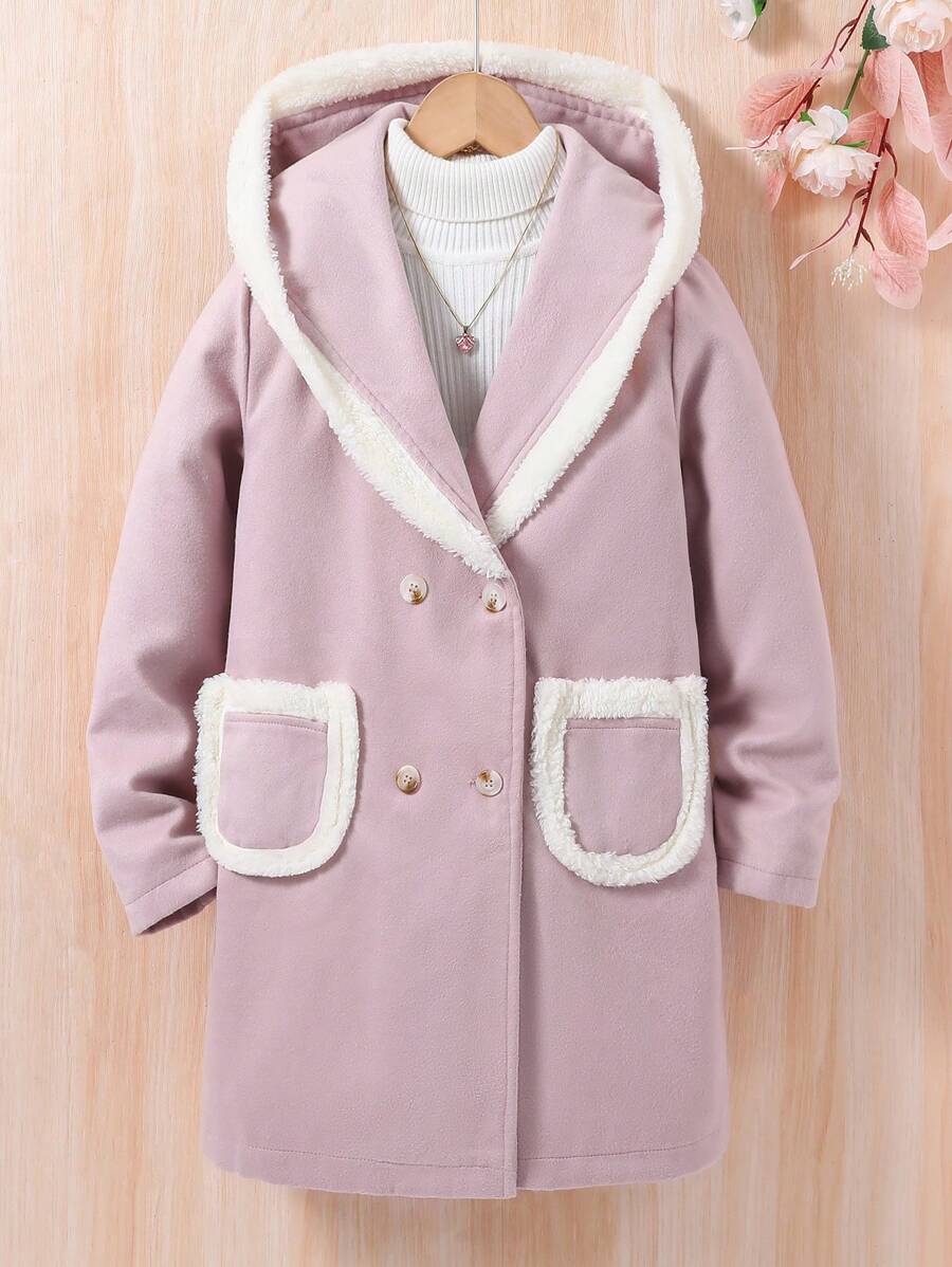 SHEIN Tween Girl 1pc Dual Pocket Double Breasted Fuzzy Trim Hooded Overcoat - Mauve Purple - View 1