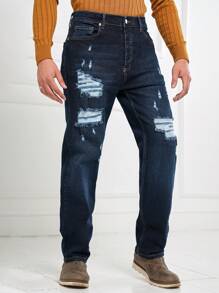 RueChic Men Ripped Straight Leg Jeans - Blue - View 5